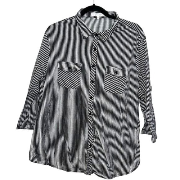 Eden & Olivia Black & White Striped Button-Up Shirt 2X Made In China - Picture 1 of 8